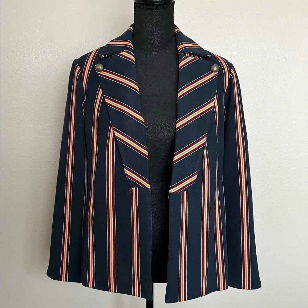 CHICOS navy blue Striped Twill Ponte Blazer